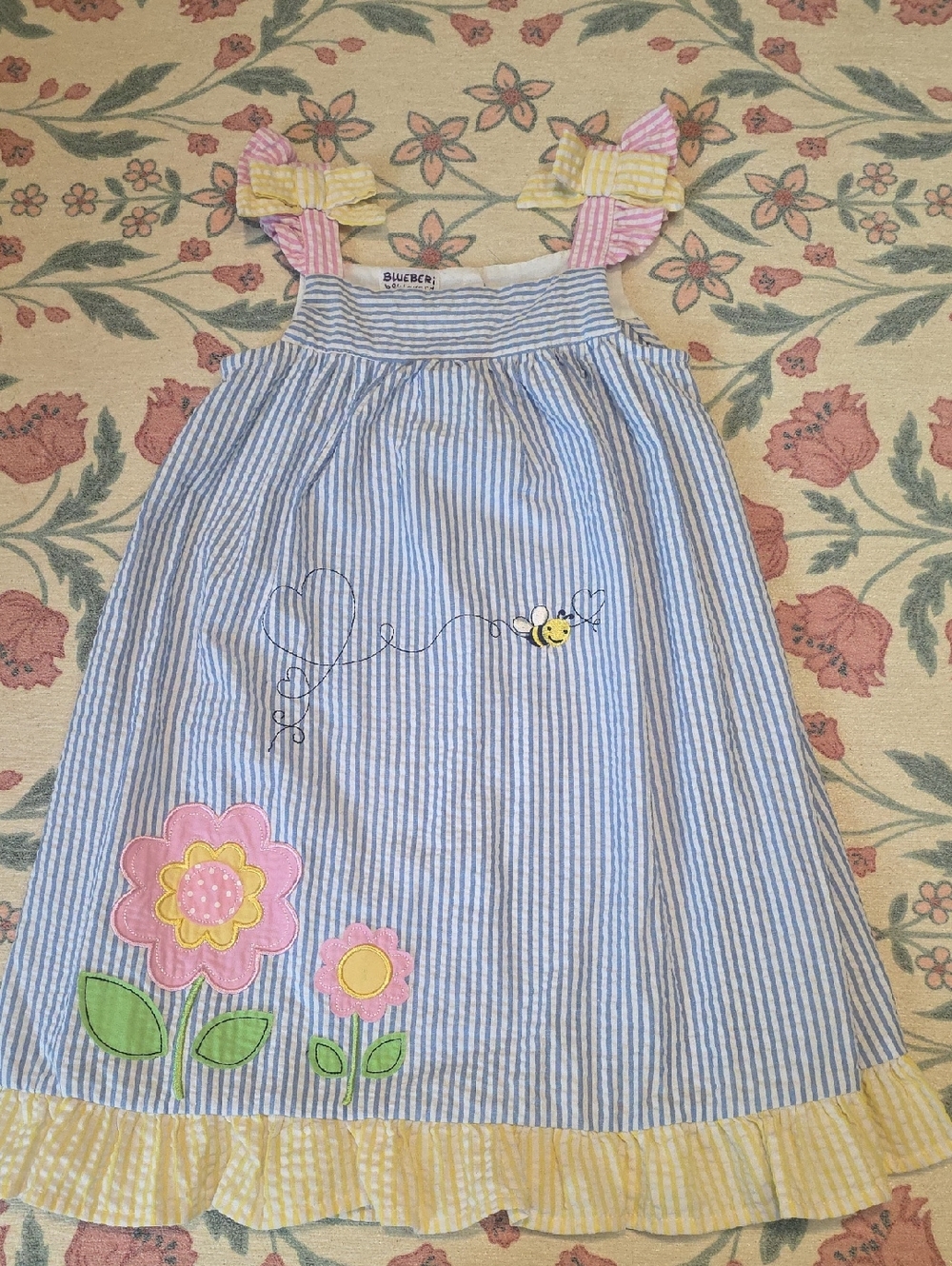 Blueberi Boulevard Blue & Yellow Striped Flower Appliqué Dress